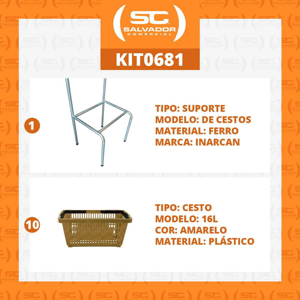 Kit Suporte Para Cestos De Compras Simples + 10 Cestos D100 Amarelo