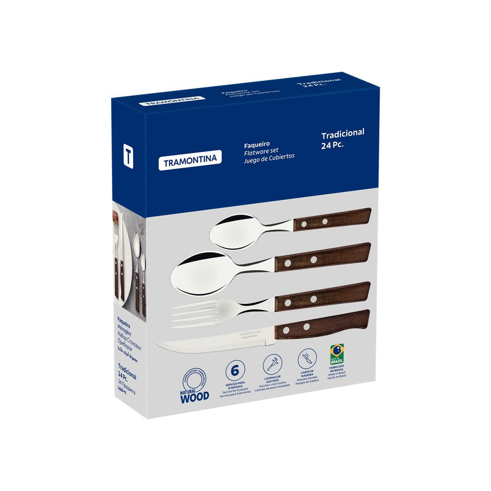 Faqueiro Tradicional Lâminas Aço Inox Cabos de Madeira Natural 24 Peças - Tramontina 22299050