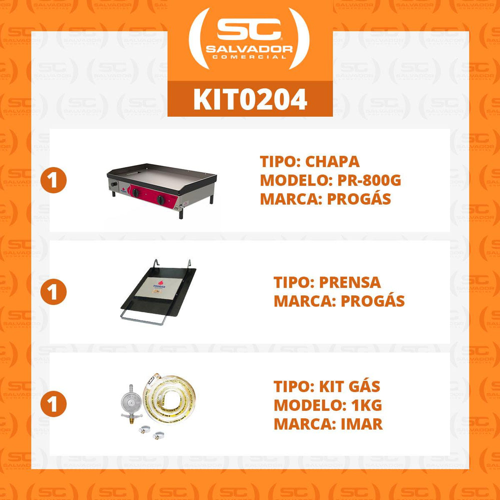 Kit - Chapa Lanche Bifeteira a Gás Pr-800g + Prensa Pão + Kit Gás - Progás