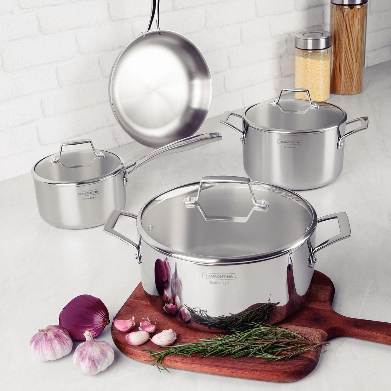 Jogo de Panelas Grano Glass em Aço Inox Corpo Triplo Tampa de Vidro 4 Peças - Tramontina 65140004