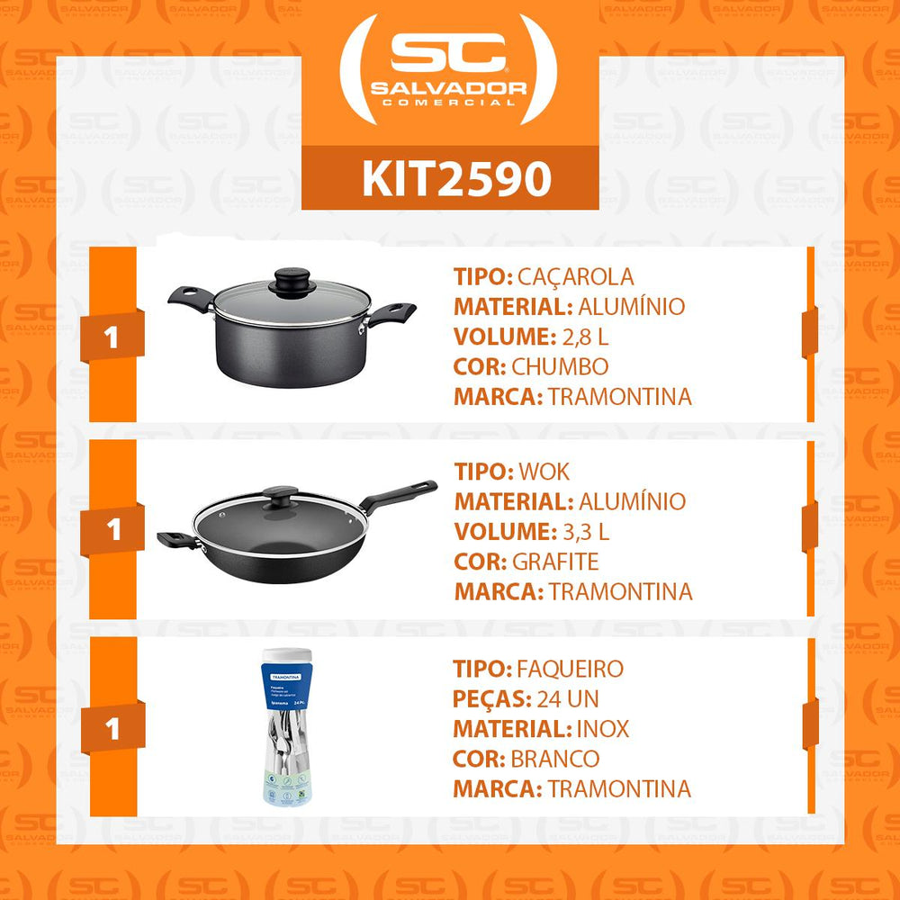 Caçarola Turim Alumínio Chumbo Antiaderente 2,8l + Faqueiro Ipanema Branco 24pc + Wok Loreto 3,3l