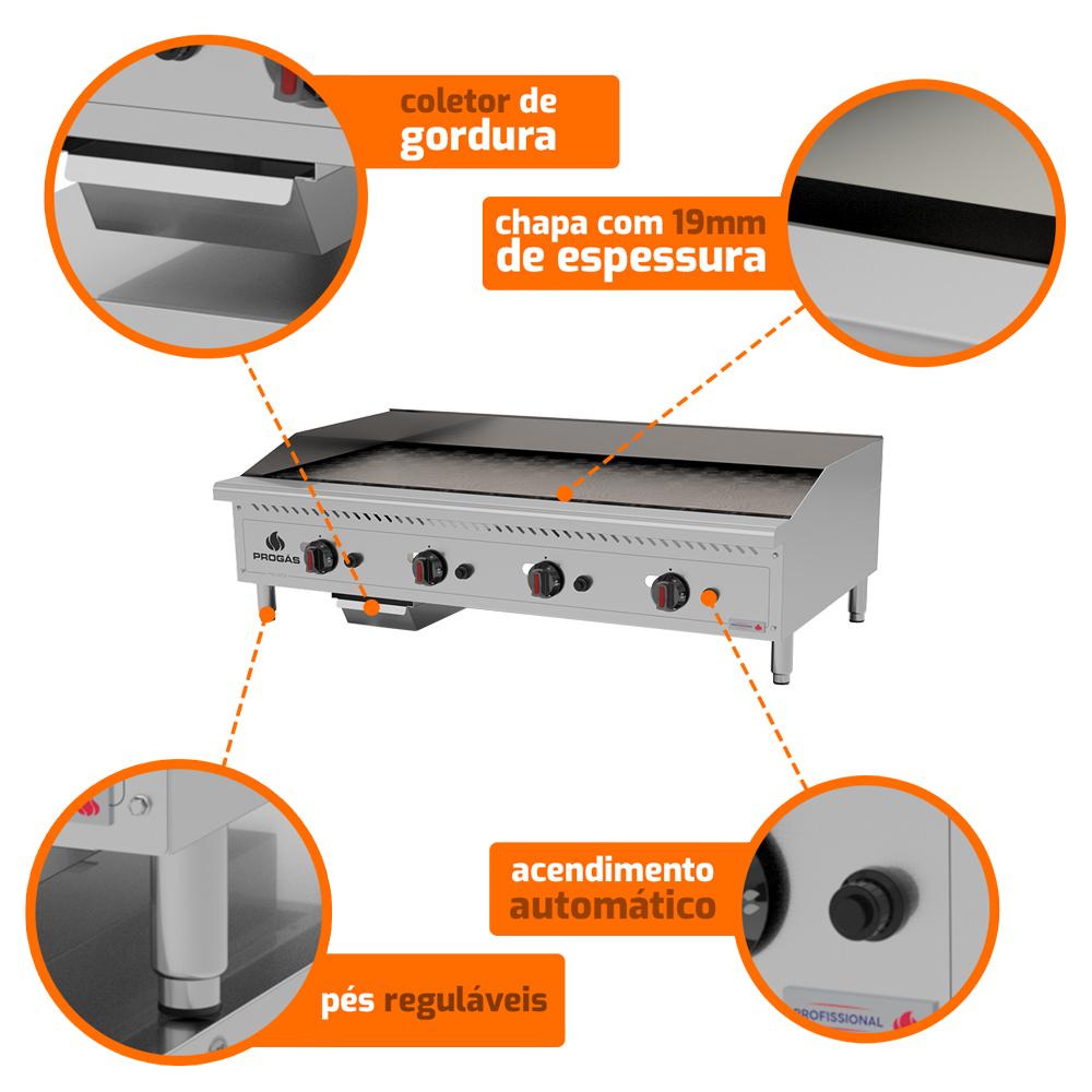 Chapa Lanche Bifeteira a Gás Profissional Para Lanchonetes Inox 120cm PRO-120CH - Progás P44606