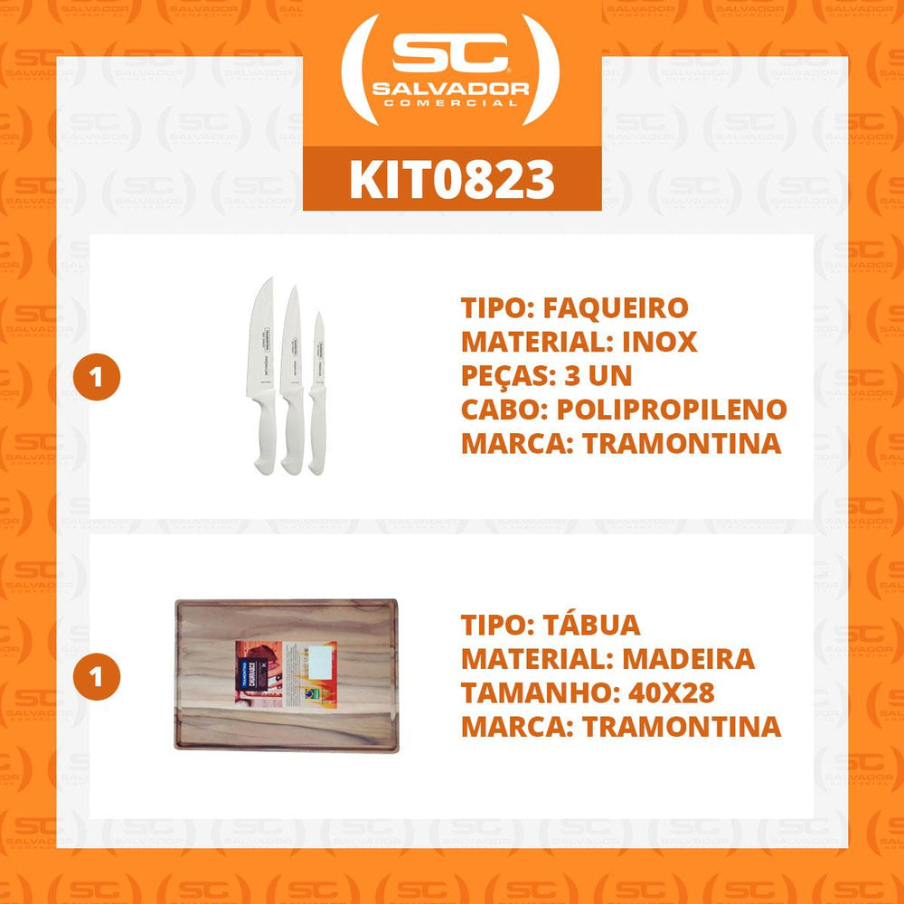 Kit Faqueiro Premium 3 Peças + 1 Tábua Para Churrasco 40x28 - Tramontina