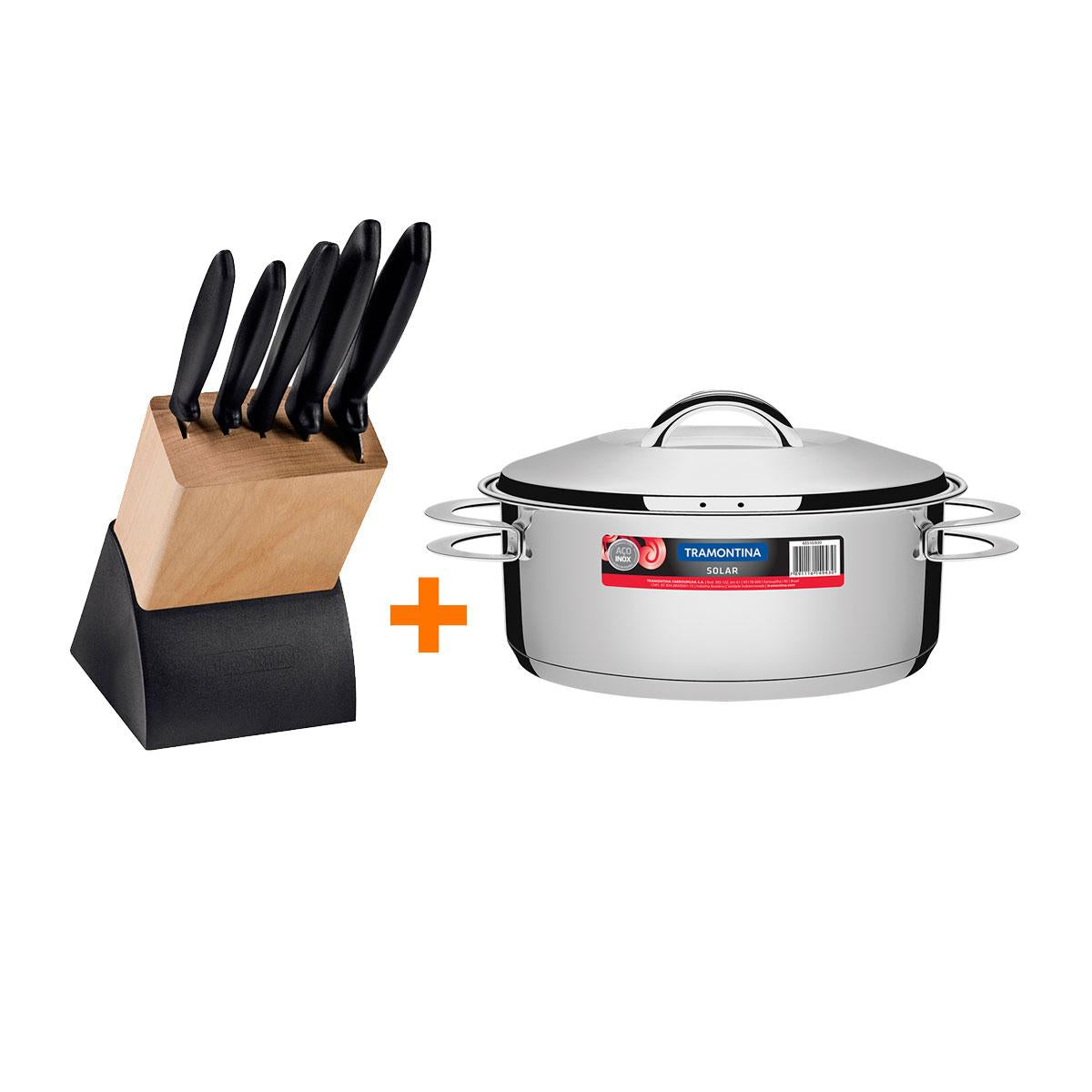 Kit Panela Aço Inox Solar 7,1 Litros + Faqueiro Plenus 6 Peças - Tramontina