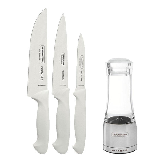 Kit - Faqueiro Premium 3 Peças + 1 Moedor de Sal Ou Pimenta Em Acrílico e Inox - Tramontina