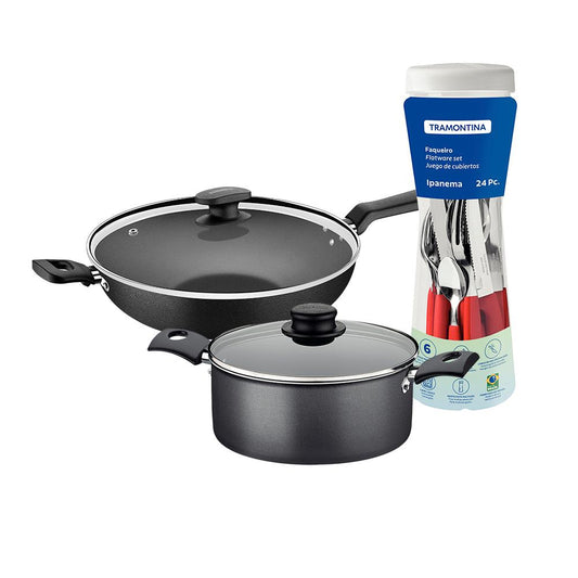 Caçarola Turim Alumínio Chumbo Antiaderente 2,8L + Faqueiro Ipanema Vermelho 24pc + Wok Loreto 3,3L