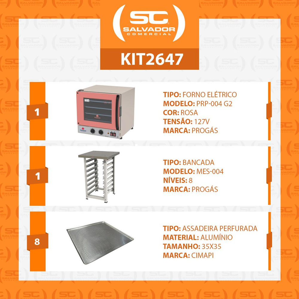 Kit Forno Turbo Elétrico PRP-004 G2 127V Rosa + Bancada MES-004 Progás + 8 Assadeiras Cimapi