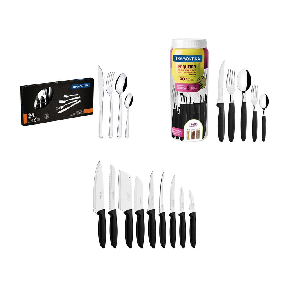 Kit 1 Faqueiro Inox 30 Peças + 1 Conjunto Facas 9pç + 1 Faqueiro Inox 24pç - Tramontina