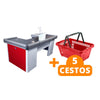 Kit - Caixa Supermercado Empacotador Check-out 2m Recorte + 5 Cestos de Compras Vermelho