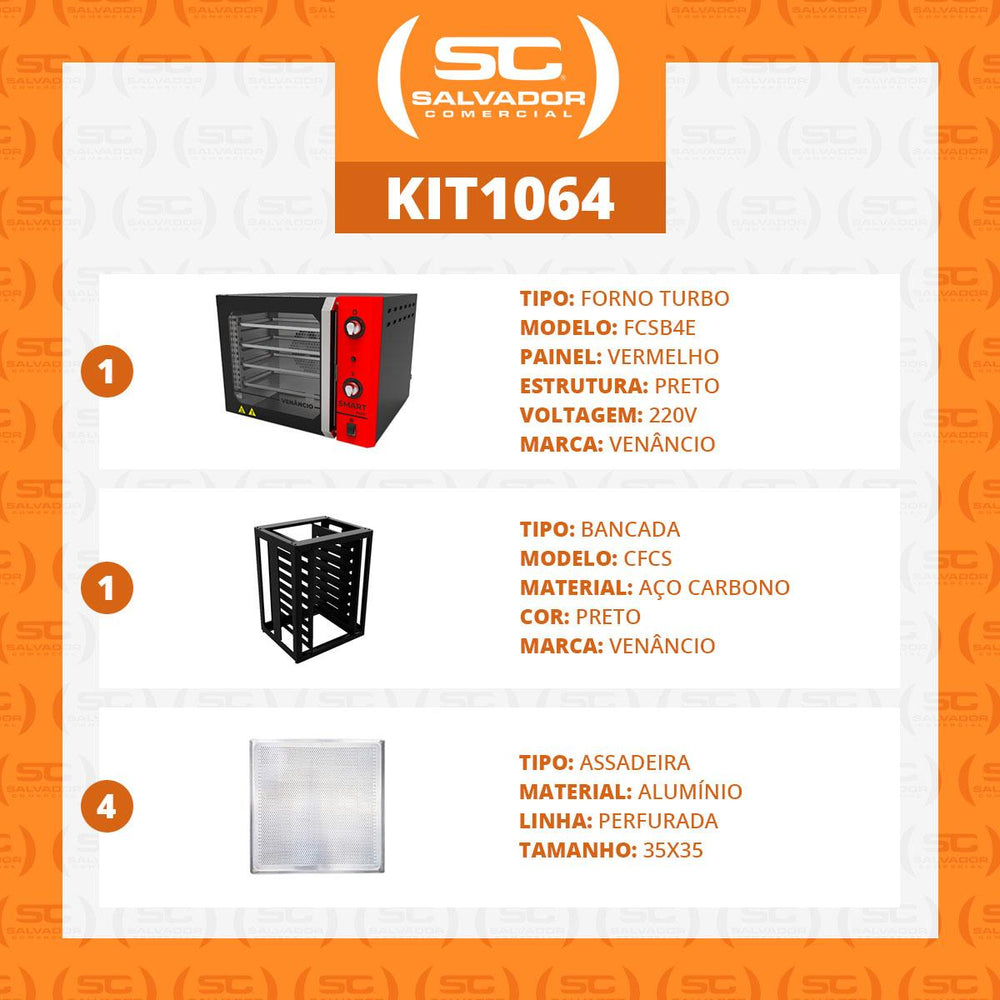 Forno Turbo Convector Smart Preto e Vermelho FCSB4E 220v + Bancada CFCS Preto + 4 Assadeiras - Venâncio