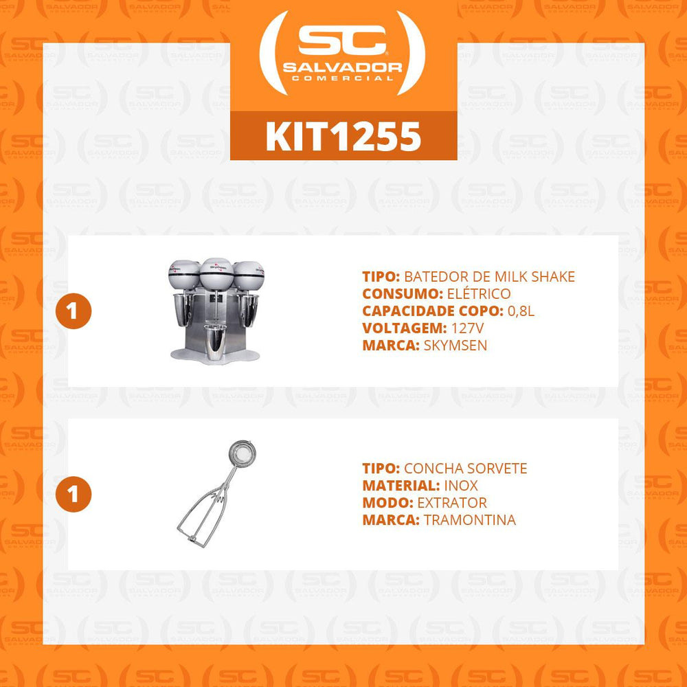 Batedor de Milk Shake 3 Copos 0,8L Profissional Inox BMS-3 127V Skymsen + Concha de Sorvete Extrator