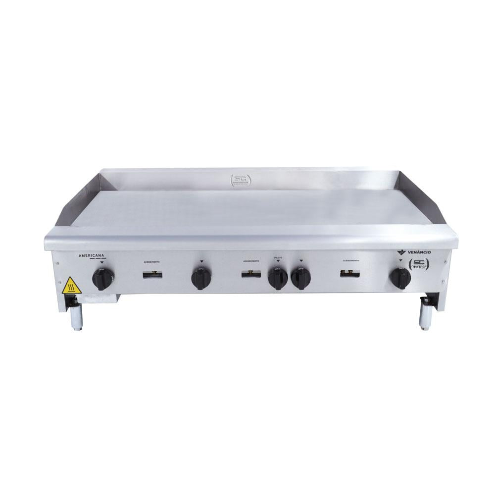 Chapa Americana Profissional 120cm a Gás 18mm Lisa Inox Com Pé CGP120 e Espátulas - Venâncio