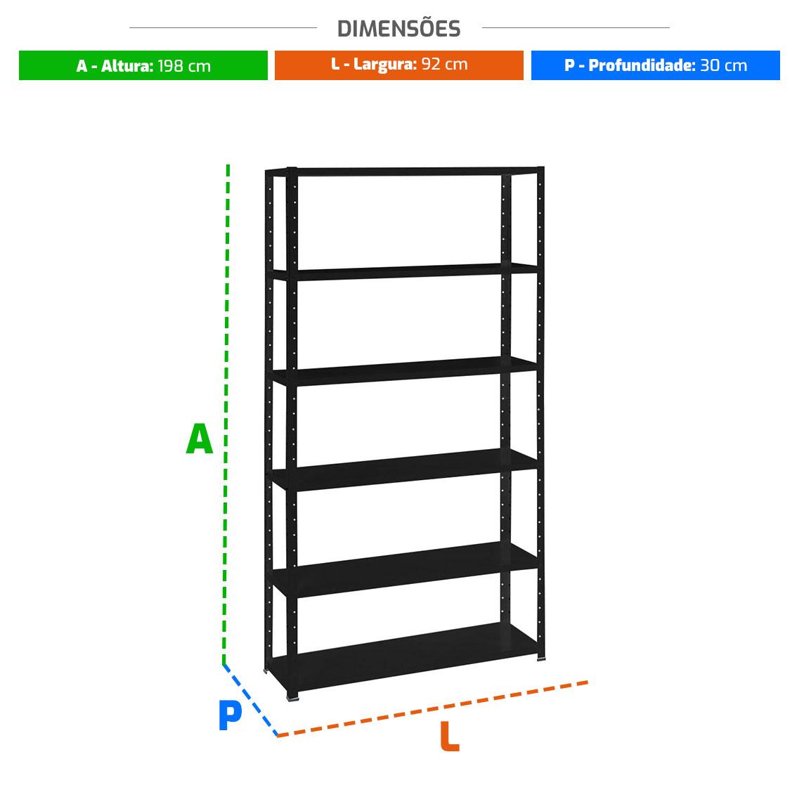 Estante Leve 6 Bandejas 40cm Com Reforço 198x92x40 Preta - Sa Gôndolas