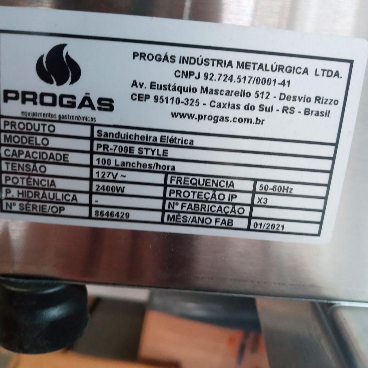 Semi - Sanduicheira Dupla 1 Prensa Elétrica Pr-700e - Progas 127v