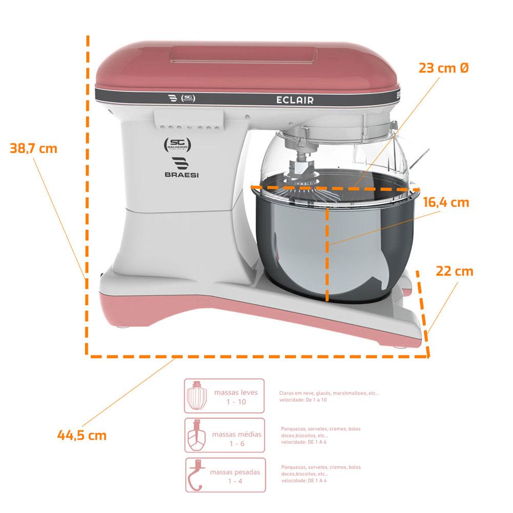Batedeira Planetária Profissional Eclair 10 Velocidades 5L 800W BP-500 Rosa Bivolt - Braesi