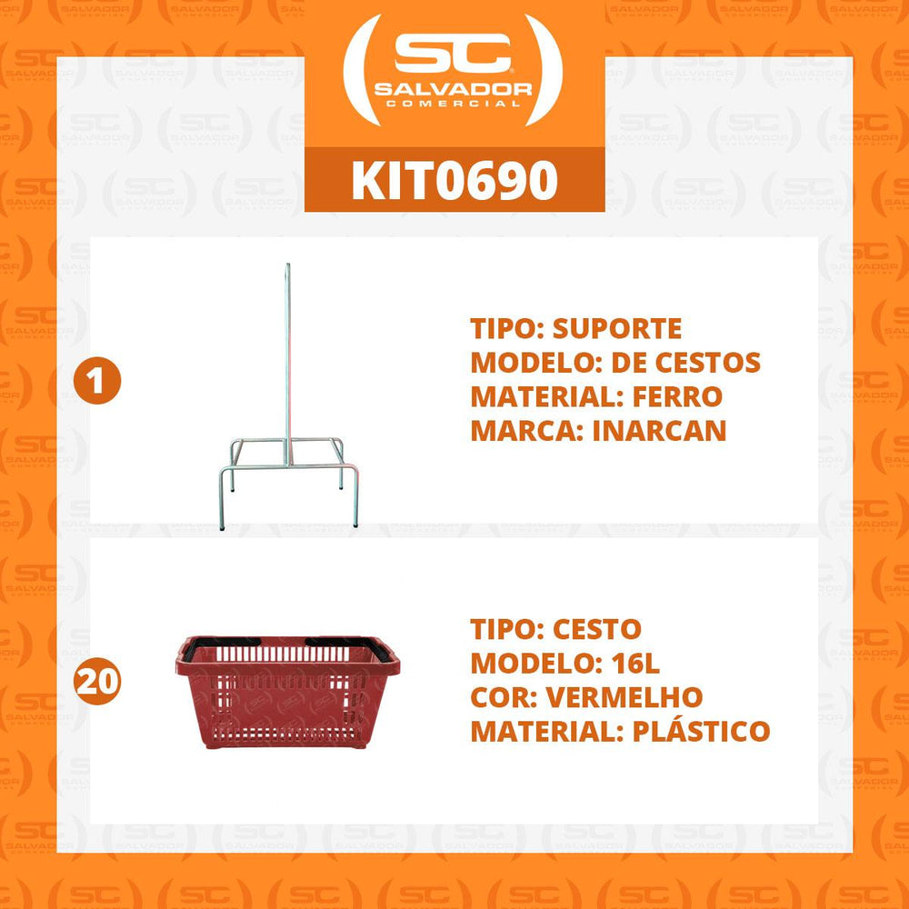 Kit Suporte Para Cestos De Compras Duplo + 20 Cestos D100 Vermelho