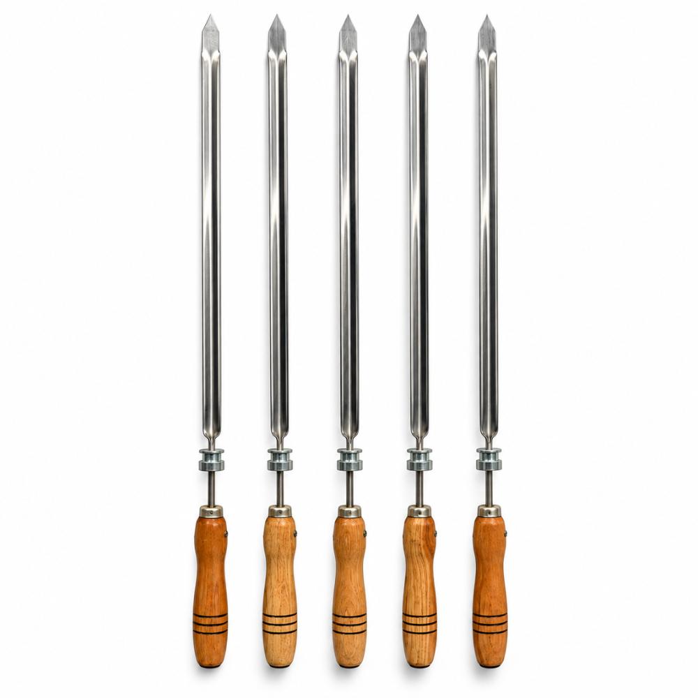Conjunto de 5 Espetos Giratorios Simples Com Cabo de Madeira