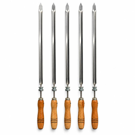 Conjunto de 5 Espetos Giratorios Simples Com Cabo de Madeira