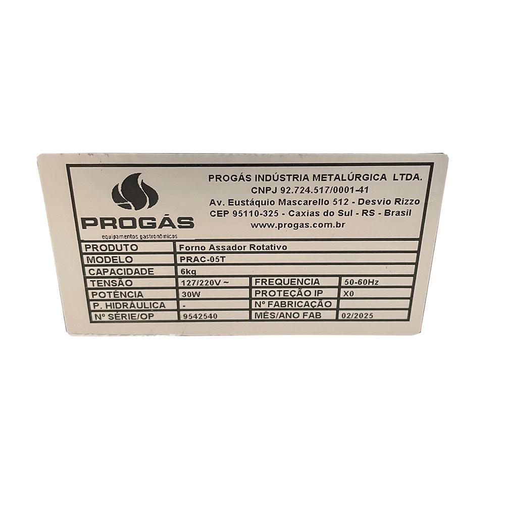 Semi - Forno Assador Rotativo 5 Espetos Tubular a Gás Prac-05t Action Bivolt - Progás P43589