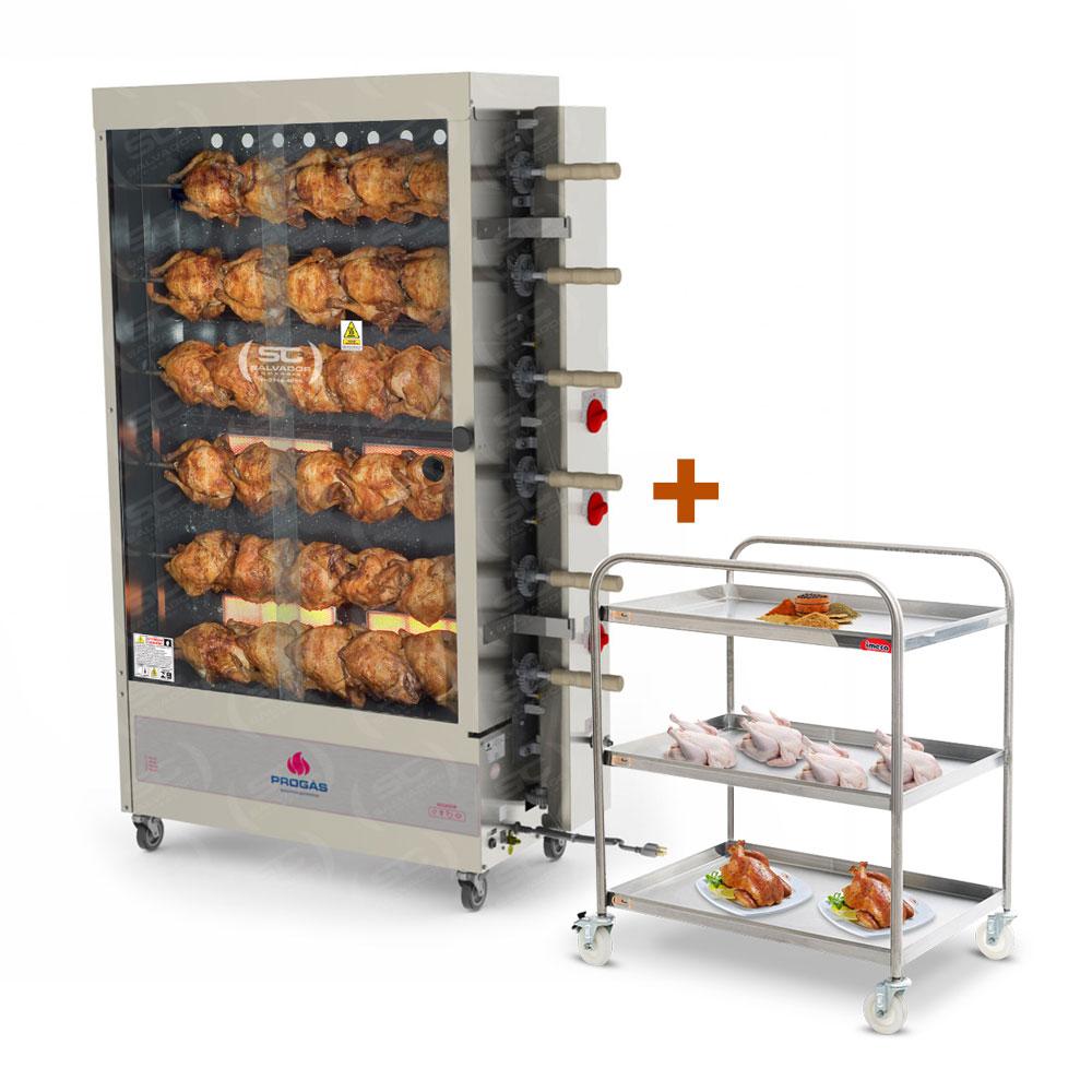 Assador de Frango Rotativo Profissional a Gás 6 Espetos Infravermelho PR-631 Bivolt Progás + Carrinho Inox Imeca
