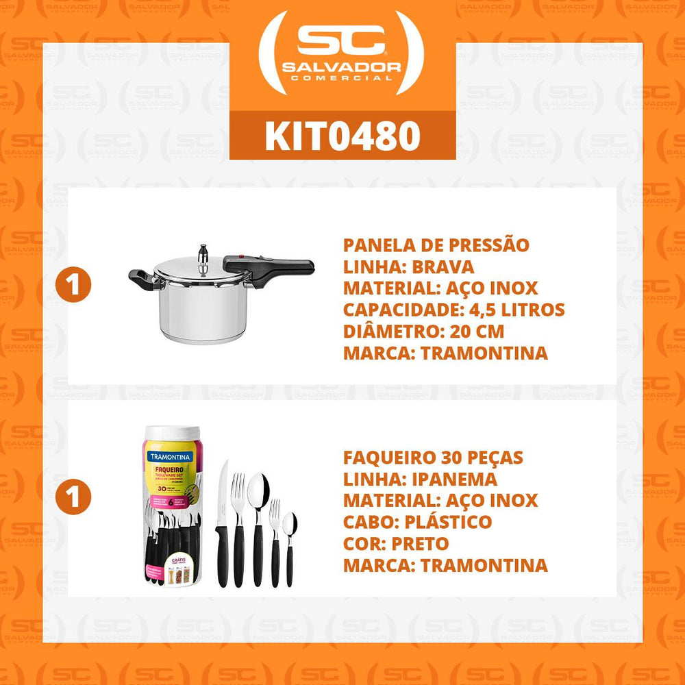 Kit Panela de Pressão Inox 4,5l Brava + Faqueiro 30pçs Preto - Tramontina