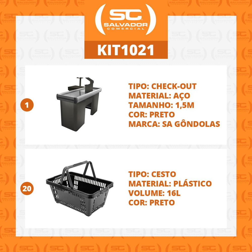 Kit Caixa De Supermercado Empacotador Check-Out 1,50m Recorte + 20 Cestos De Compras Preto