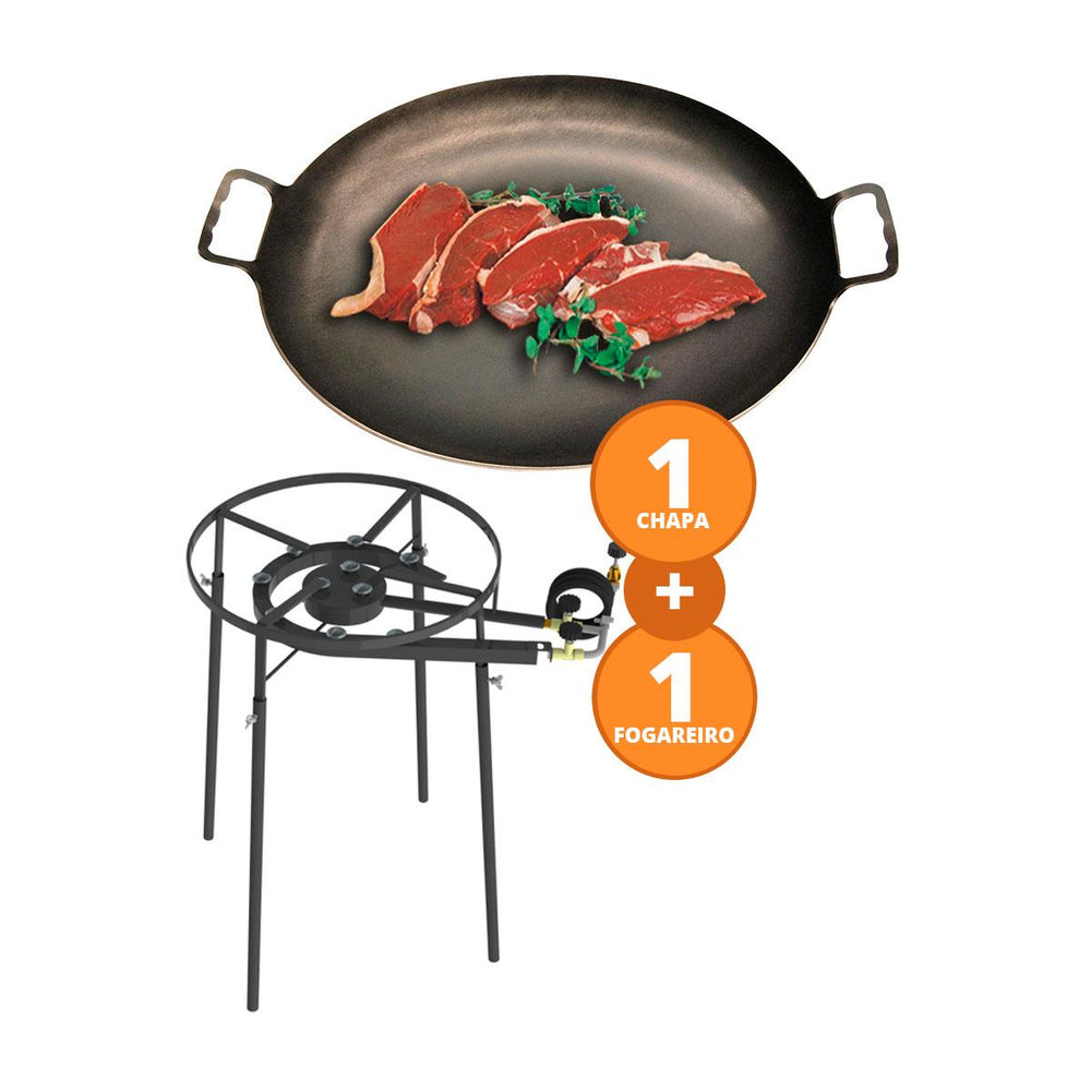 Kit Camping 8 - Fogareiro Fogão F2B10P Redondo 40cm Duplo de Pé+ Chapa Campeira 45cm – Progás