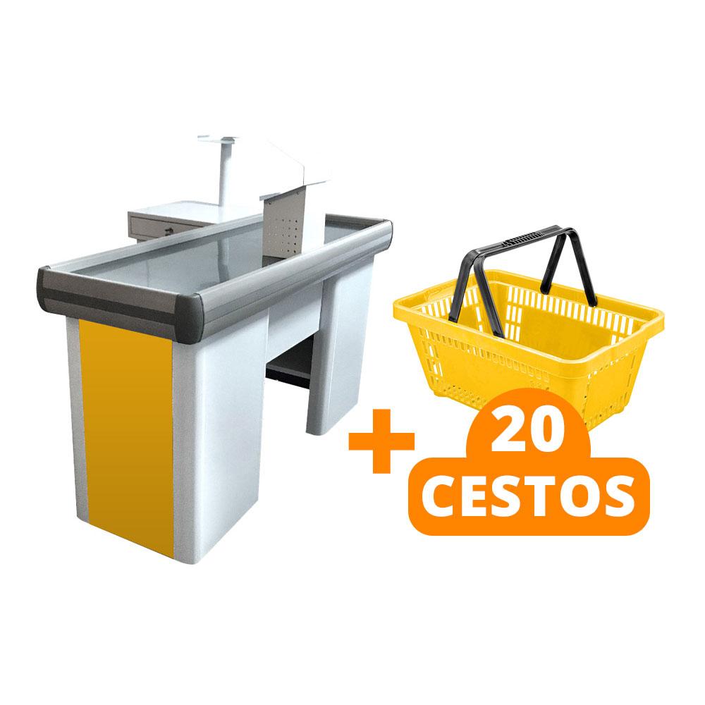 Kit Caixa De Supermercado Empacotador Check-Out 1,50m Recorte + 20 Cestos De Compras Amarelo