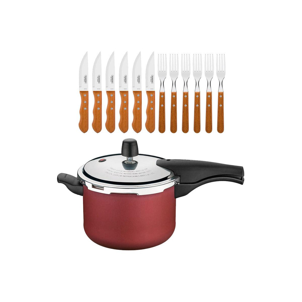 Kit Panela de Pressão 4,5L Vancouver Vermelha + 1 Jogo Churrasco 12pç - Tramontina