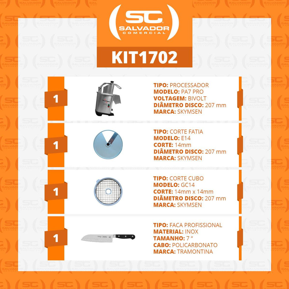 Processador de Alimentos Corte Fatias 14mm e Cubos 14mm PA7 PRO Bivolt Skymsen e Faca Santoku Profissional