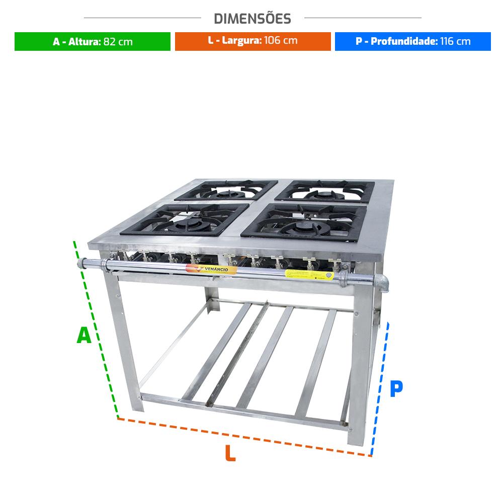 Fogão Profissional 4 Bocas Duplas a Gás Baixa Pressão Inox MI4D4 - Venancio