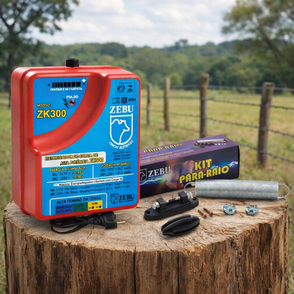 Eletrificador de Cercas Elétricas Para Grandes Propriedades ZK300 220V + Kit Para-raios - Zebu
