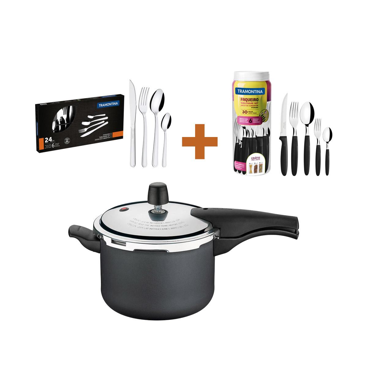 Kit - Panela de Pressão 4,5L Grafite + 1 Faqueiro 30pç + 1 Faqueiro Inox 24pç - Tramontina