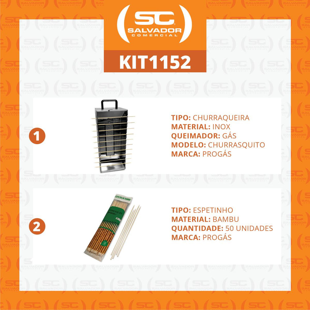 Kit - Churrasqueira 10 Espetinhos Churrasquito a Gás Pr-199 + 100 Espetinhos - Progás