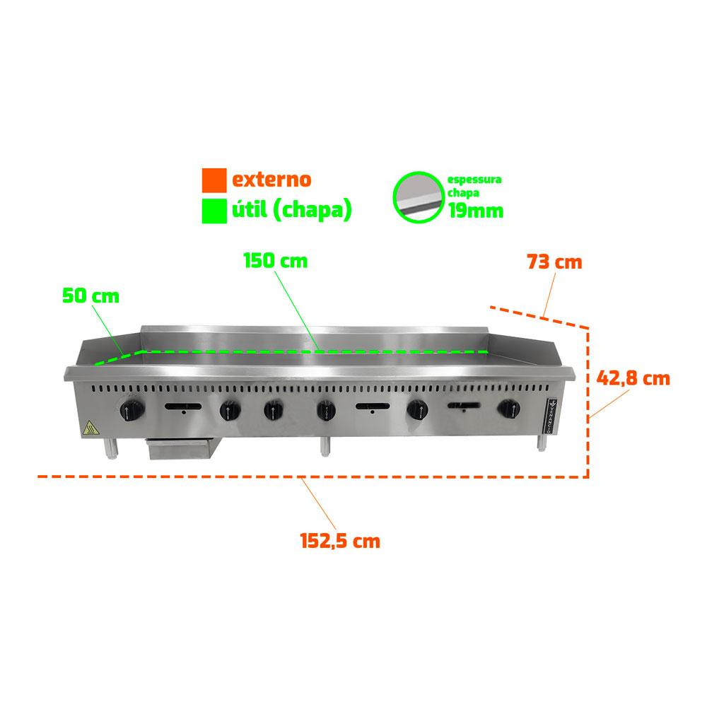 Chapa Lanche Bifeteira a Gás Profissional Prime 150cm 19mm PCM150G - Venâncio