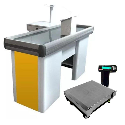 Caixa Supermercado Empacotador Amarelo 1,50m Check Out e Balança Bivolt 30kg Urano