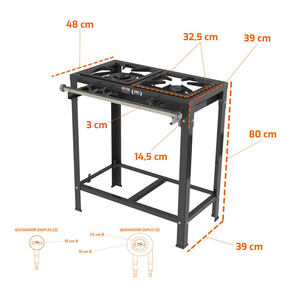 Fogão Industrial 2 Bocas 1 Simples 1 Dupla a Gás Baixa Pressão Espera para Forno PMSD-21 – Progás