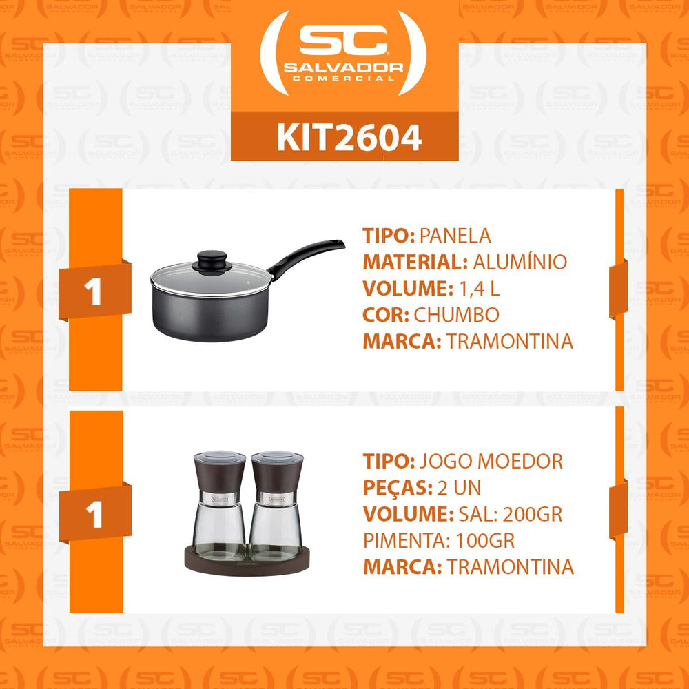 Panela Turim Alumínio Antiaderente 18cm 1,4l Ptc + Moedor de Sal e Pimenta Churrasco - Tramontina