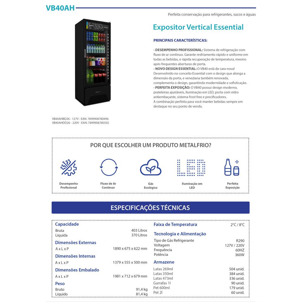 Refrigerador Visa Expositor Preto 370/403L Porta De Vidro 2°C a 8ºC VB40AH 220V - Metalfrio