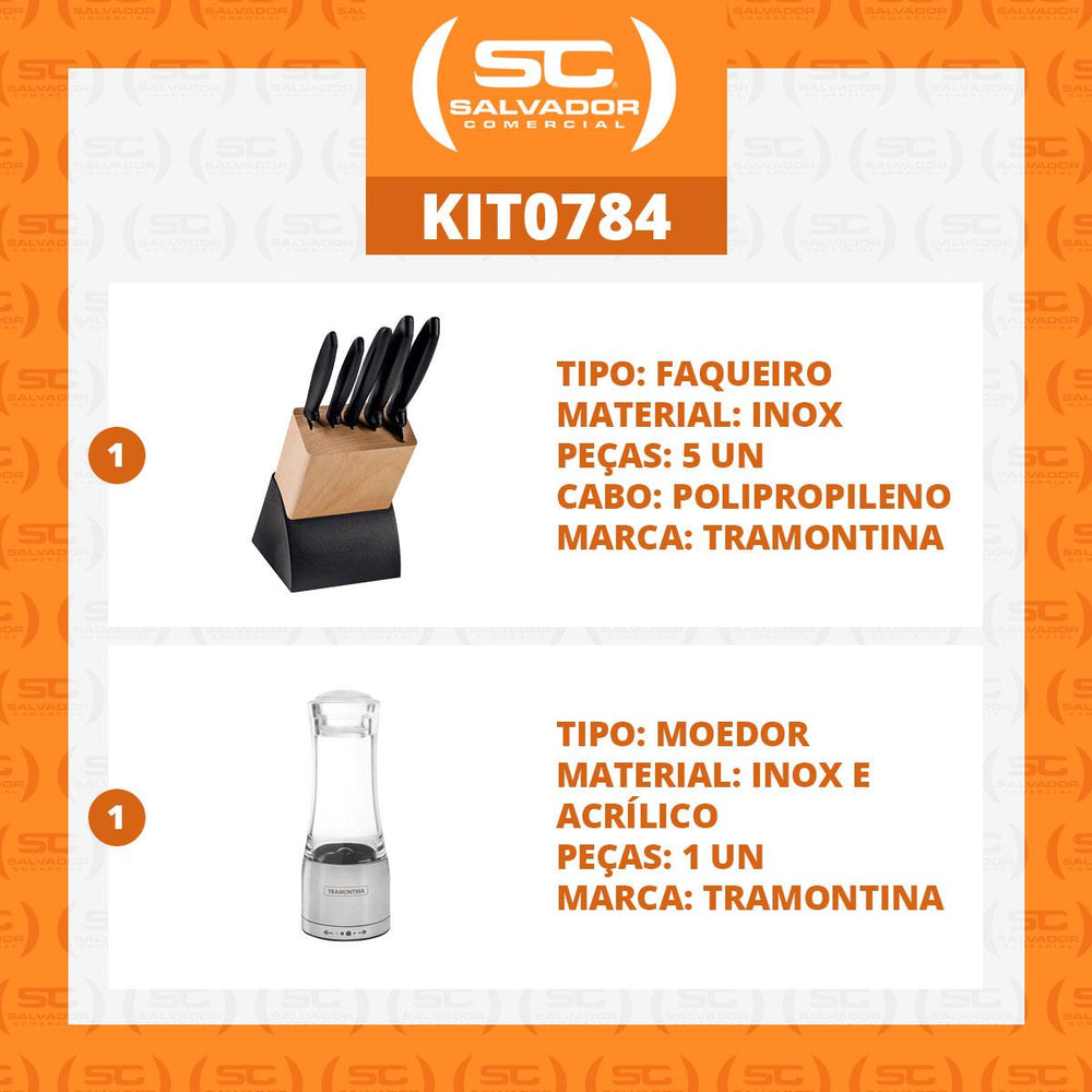 Kit Faqueiro Plenus 6 Peças + 1 Moedor de Sal Ou Pimenta Em Acrílico e Inox - Tramontina