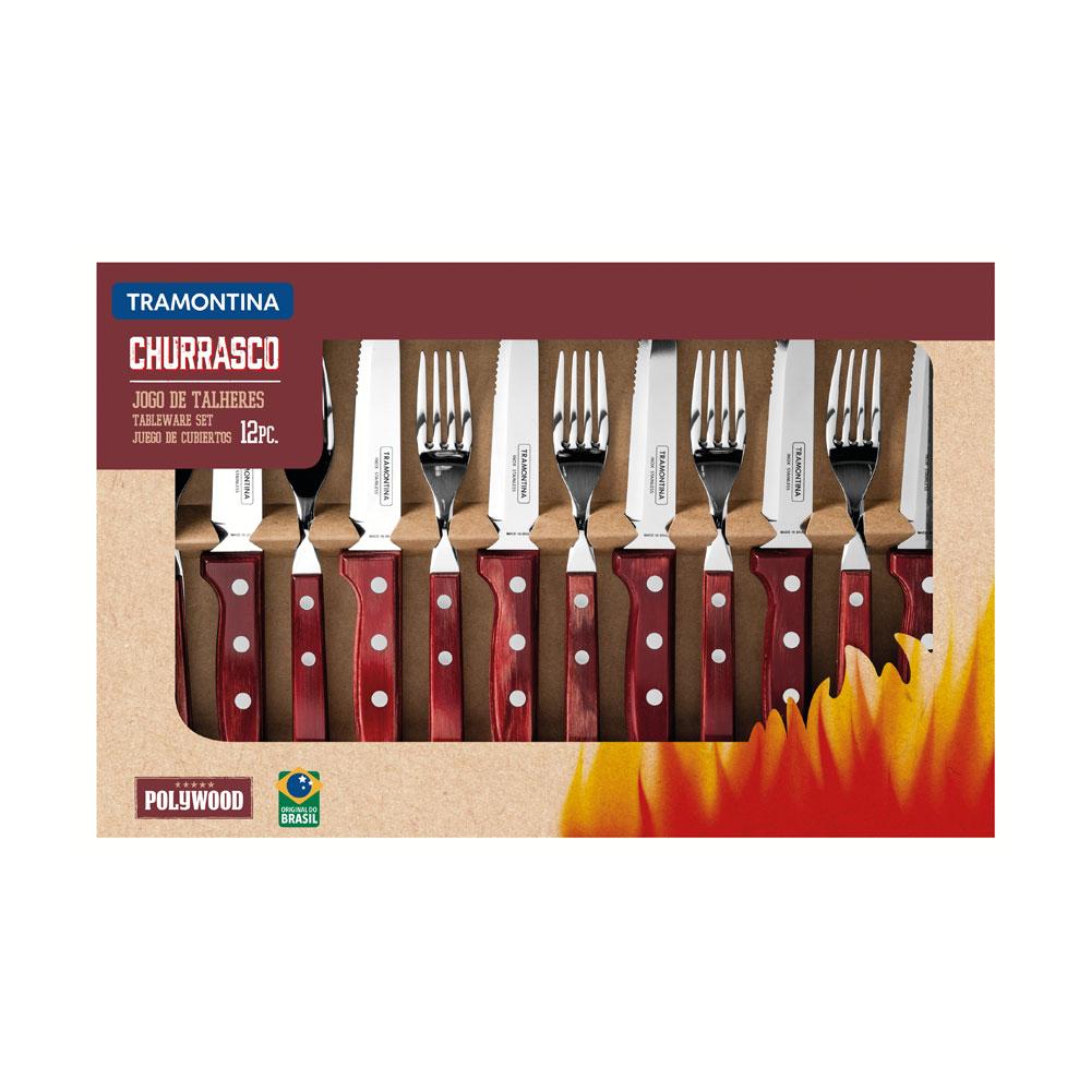 Jogo de Talheres Para Churrasco Aço Inox Com Cabo Vermelho Polywood 12 Peças - Tramontina 21198776