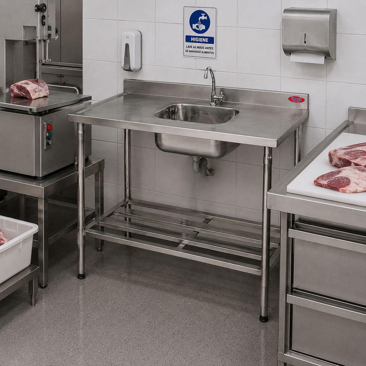 Bancada Mesa 150x70 Inox 304 Com 1 Cuba 60x50x25 Com Grade Inferior - Imeca 6806
