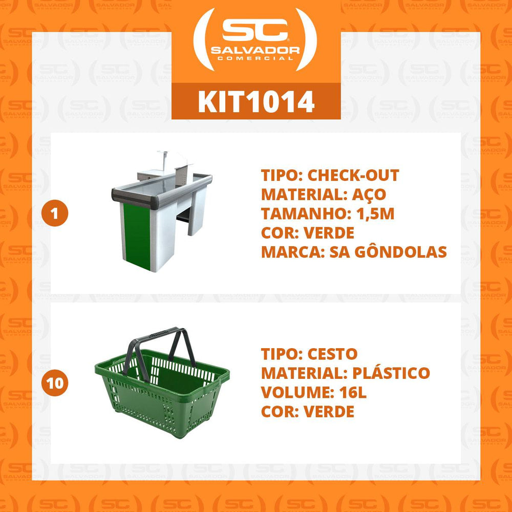 Kit - Caixa Supermercado Empacotador Check-out 1,5m Recorte + 10 Cestos de Compras Verde