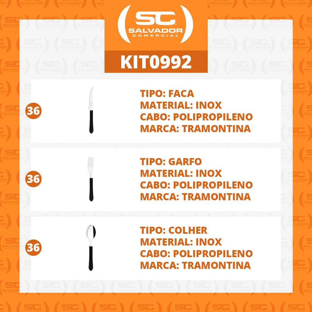 KIT - Jogo de Facas, Garfos e Colheres Leme 108 Peças em Aço Inox Cabo Preto PBAG - Tramontina