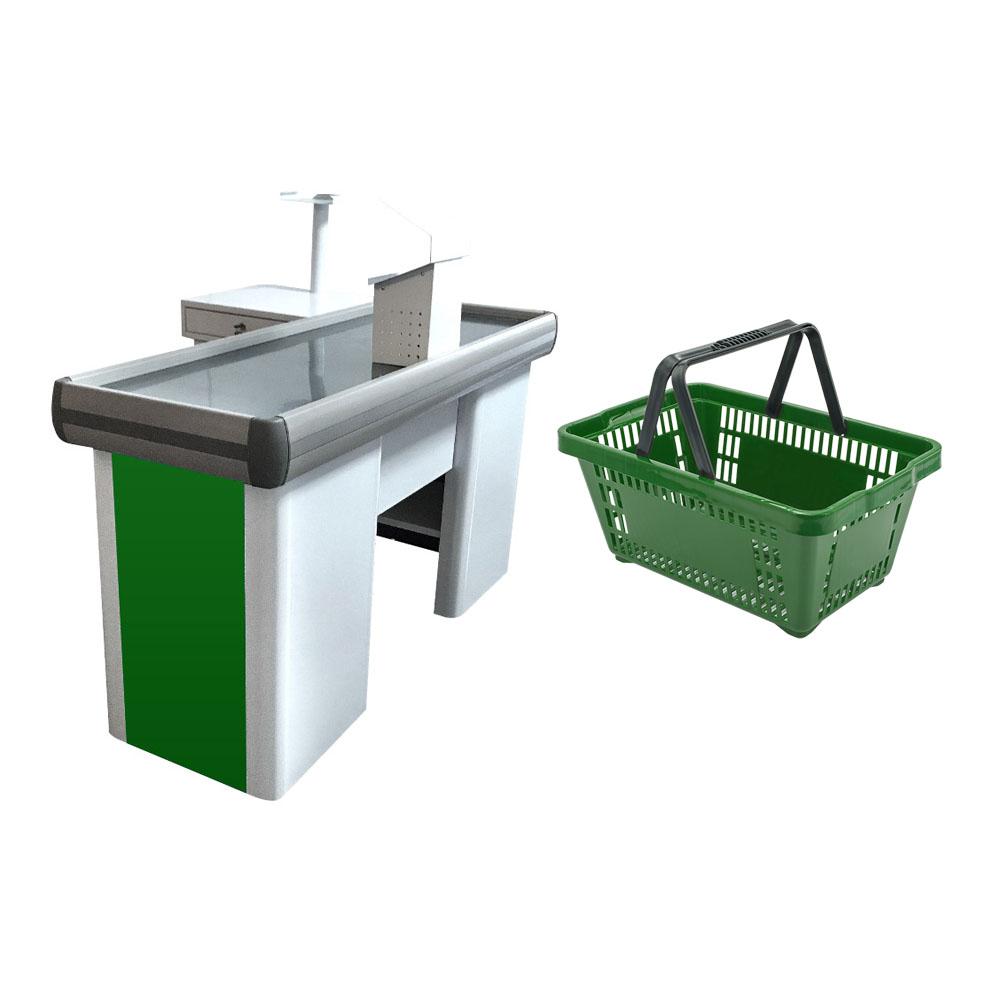 Kit Caixa De Supermercado Empacotador Check-Out 1,50m Recorte + 10 Cestos De Compras Verde