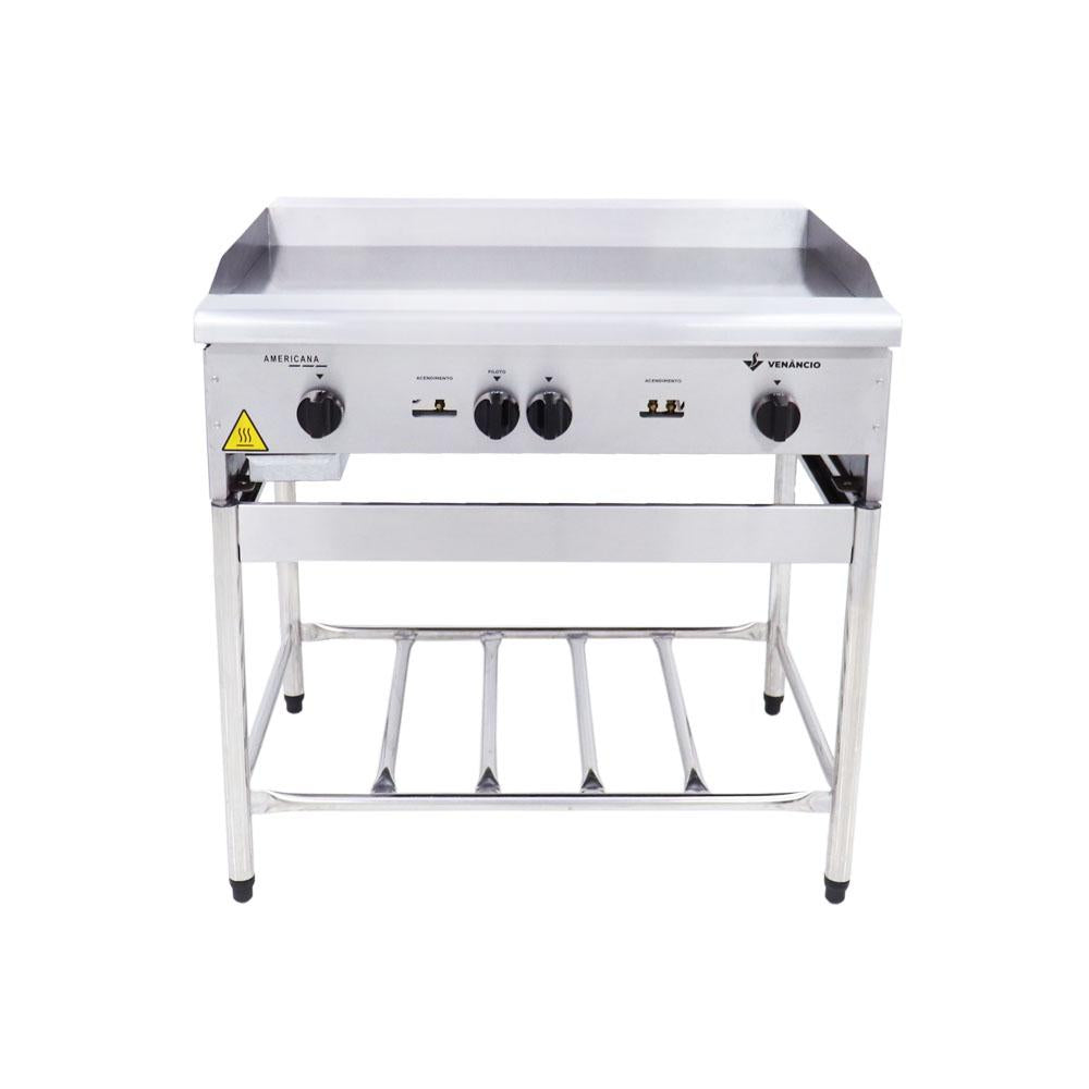 Chapa Americana Profissional 90cm a Gás 18mm Lisa Inox Com Pé CGP90 - Venâncio