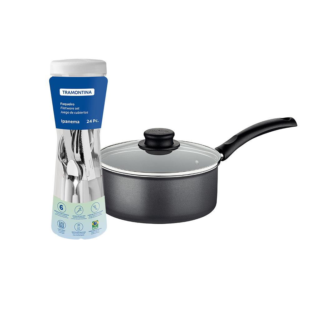 Panela Turim Alumínio Chumbo Antiaderente 1,4L PTC + Faqueiro Ipanema Branco 24pc - Tramontina