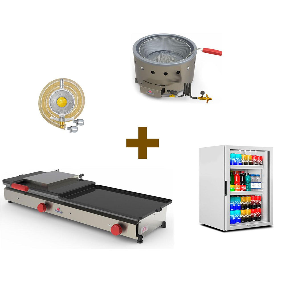 Kit Burger Gás Com Prensa e Chapa PR-950G + Kit Gás + Fritadeira PR-70G + Refrigerador VB11 - 127V