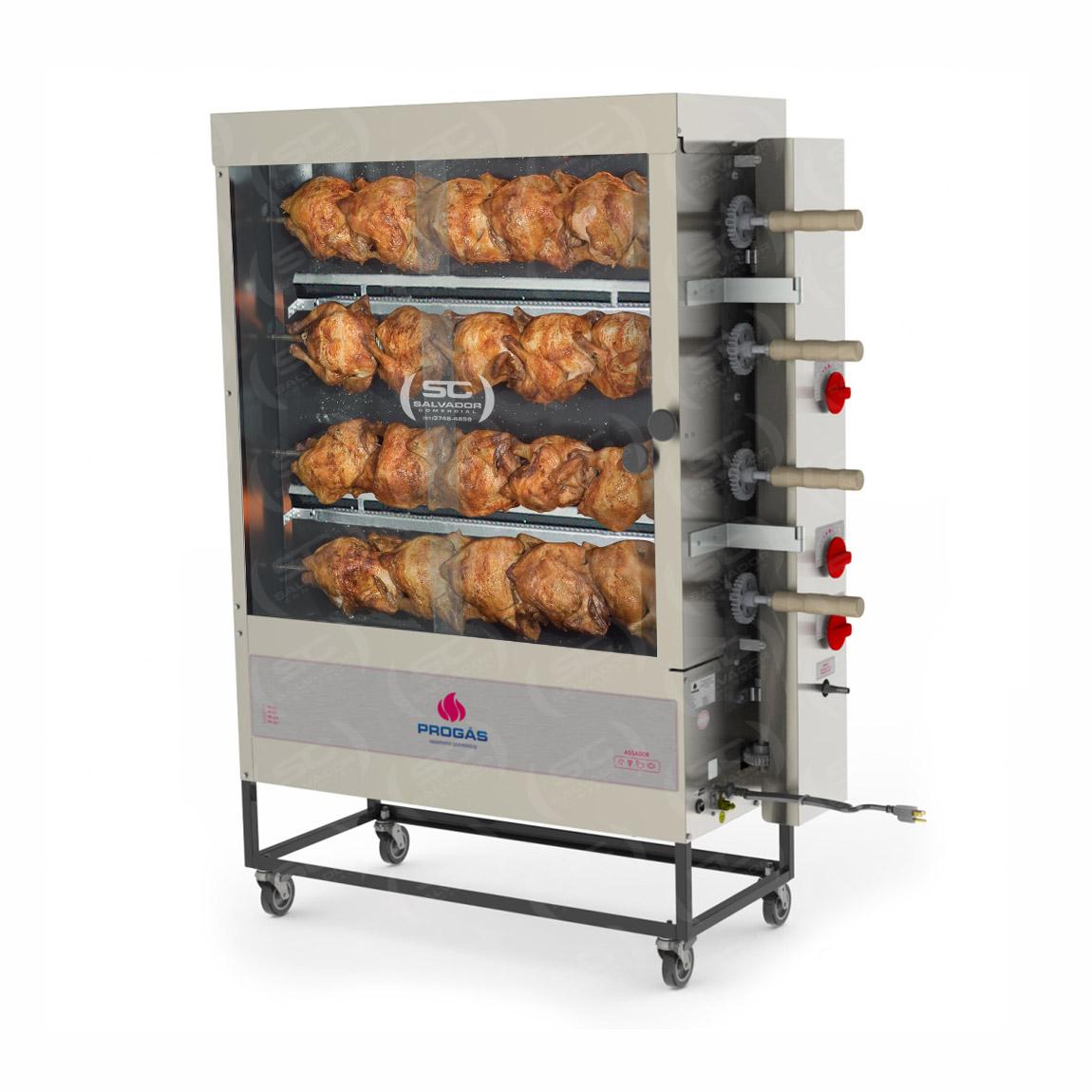 Assador de Frango Gás 4 Espetos Tubular Pr-623 + Tesoura + Carrinho Inox + Injetor de Temperos