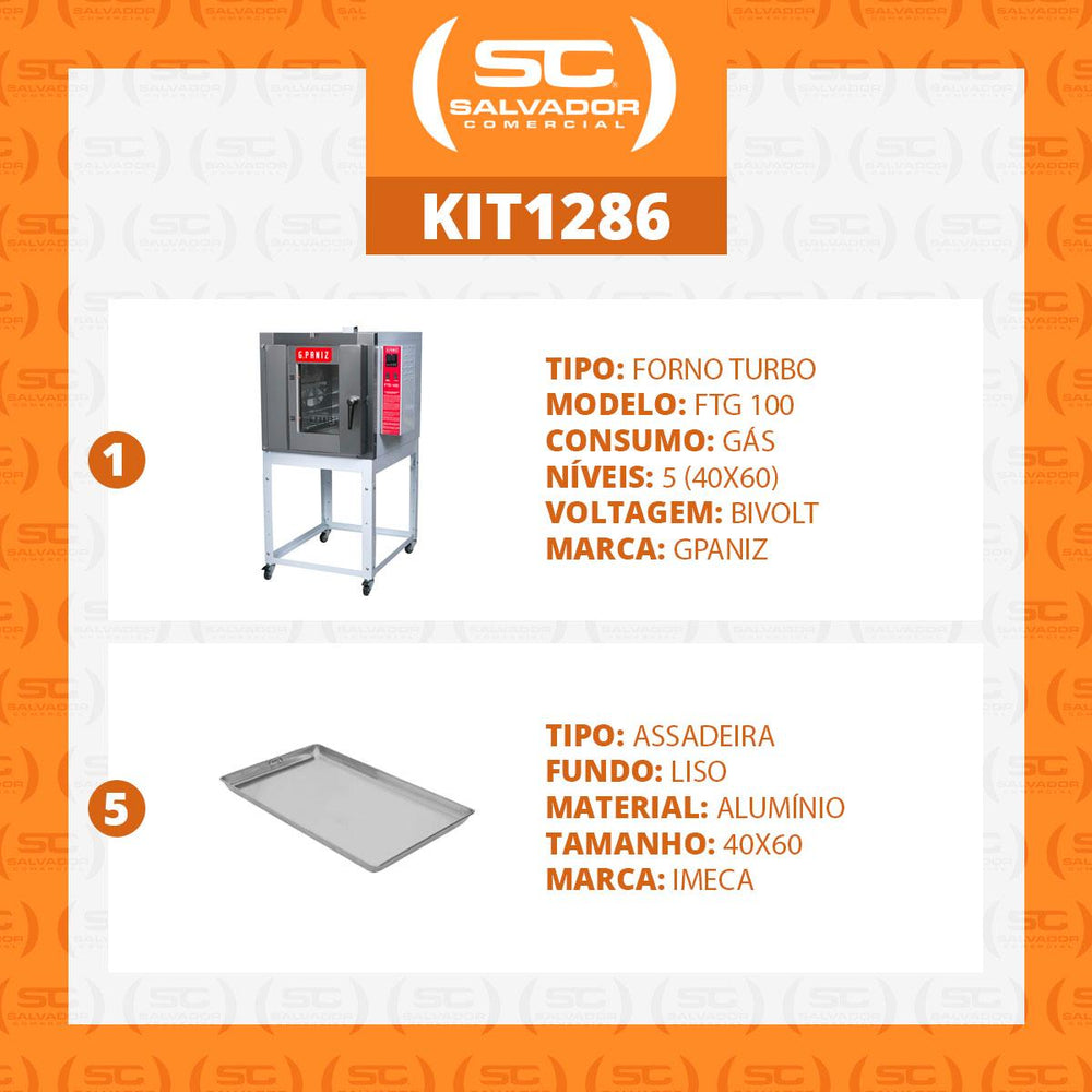 Kit Forno Turbo a Gás Profissional 5 Níveis 40x60 FTG 100 Bivolt Gpaniz + 5 Assadeiras Alumínio